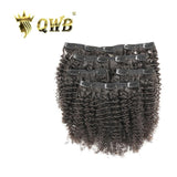 QWB Afro Kinky Curly Clip Ins Seamless Extension Brazilian Virgin Hair 5pcs/Pack - Main front view showing five clip-in extension pieces stacked vertically displaying tight 3C-4A afro kinky curly textured hair in deep natural brown (#1b). Individual wefts with visible metal clips demonstrate easy DI