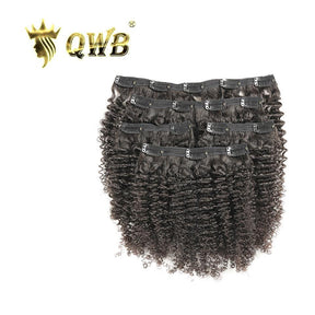 QWB Afro Kinky Curly Clip Ins Seamless Extension Brazilian Virgin Hair 5pcs/Pack - Main front view showing five clip-in extension pieces stacked vertically displaying tight 3C-4A afro kinky curly textured hair in deep natural brown (#1b). Individual wefts with visible metal clips demonstrate easy DI