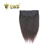 QWB Queen Weave Beauty - Main hero product shot featuring single piece of coiled steam-processed kinky straight texture (NOT natural afro kinks) in natural deep black (#1b) color. . Premium cuticle intact 100% virgin Brazilian hair with minimum shedding and tangle-free performance, estimated 2-3 yea