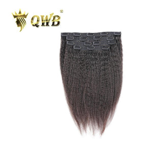 QWB Queen Weave Beauty - Main hero product shot featuring single piece of coiled steam-processed kinky straight texture (NOT natural afro kinks) in natural deep black (#1b) color. . Premium cuticle intact 100% virgin Brazilian hair with minimum shedding and tangle-free performance, estimated 2-3 yea