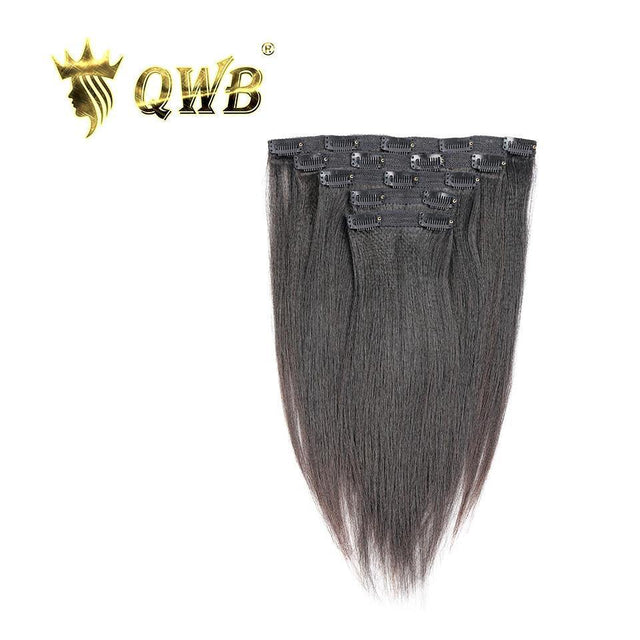 QWB Queen Weave Beauty - Main hero product shot featuring single piece of hybrid straight-crimped light yaki texture mimicking silk-pressed natural black women's hair in natural deep black (#1b) color. . Premium cuticle intact 100% virgin Brazilian hair with minimum shedding and tangle-free performa