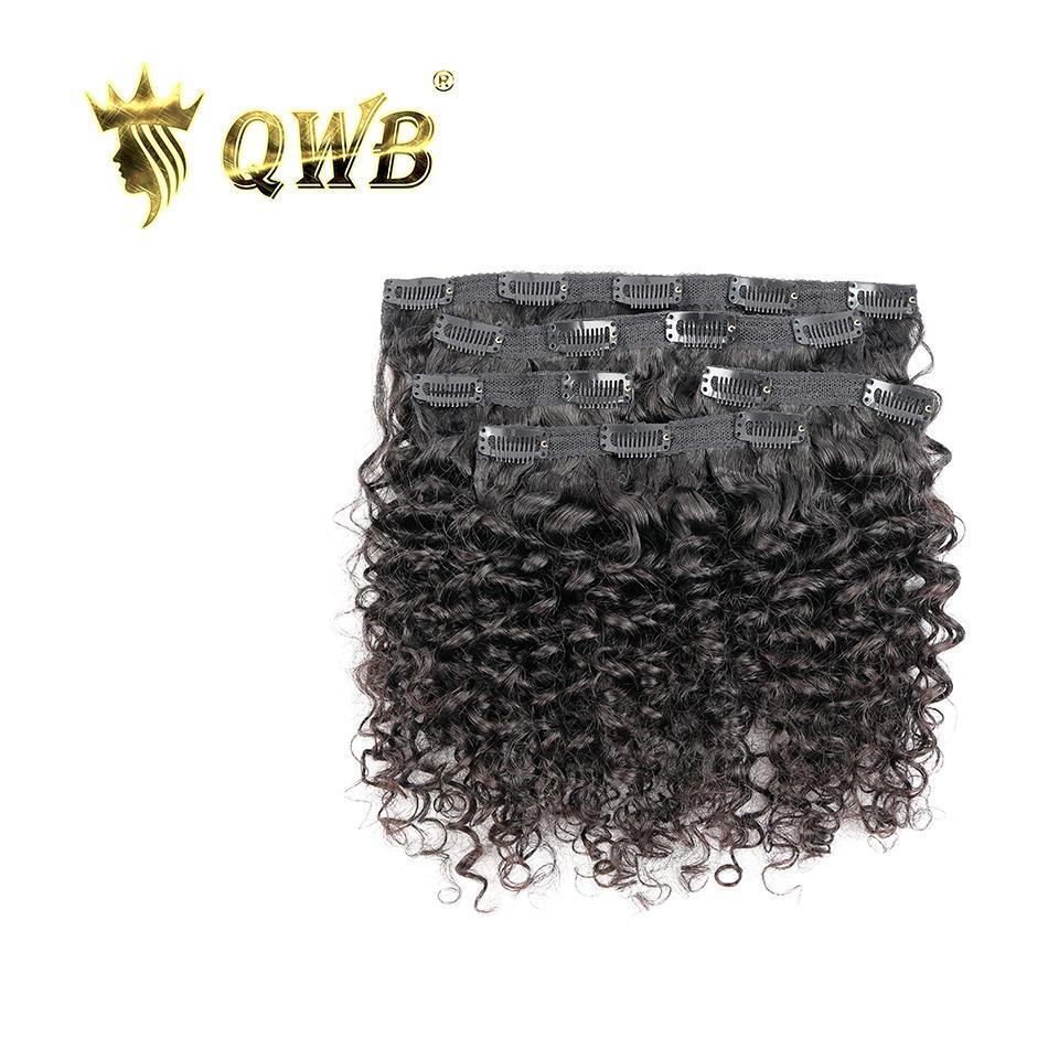 QWB Tight Curly Clip Ins Seamless Extension Brazilian Virgin Hair 5pcs/Pack - Main front view showing five pieces of tight curly textured clip-in extension pieces arranged together in natural black (#1b). Uniform coiled ringlet curls with metal clips attached at base for snap-on installation. Comple