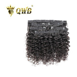 QWB Tight Curly Clip Ins Seamless Extension Brazilian Virgin Hair 5pcs/Pack - Main front view showing five pieces of tight curly textured clip-in extension pieces arranged together in natural black (#1b). Uniform coiled ringlet curls with metal clips attached at base for snap-on installation. Comple
