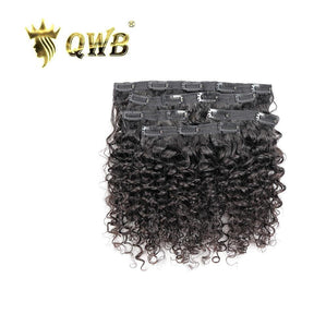 QWB Tight Curly Clip Ins Seamless Extension Brazilian Virgin Hair 5pcs/Pack - Main front view showing five pieces of tight curly textured clip-in extension pieces arranged together in natural black (#1b). Uniform coiled ringlet curls with metal clips attached at base for snap-on installation. Comple