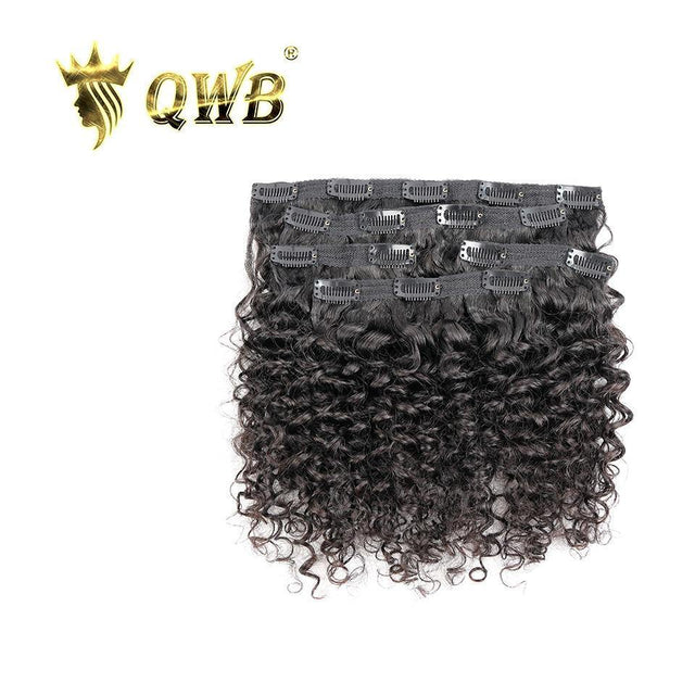 QWB Tight Curly Clip Ins Seamless Extension Brazilian Virgin Hair 5pcs/Pack - Main front view showing five pieces of tight curly textured clip-in extension pieces arranged together in natural black (#1b). Uniform coiled ringlet curls with metal clips attached at base for snap-on installation. Comple