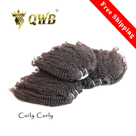 QWB Queen Weave Beauty - Main hero product shot featuring 3 bundles of tightly coiled curl pattern with dense springy texture in natural deep black (#1b) color. . Premium cuticle intact 100% virgin Brazilian hair with minimum shedding and tangle-free performance, estimated 2-3 year lifespan displaye