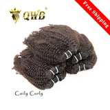 QWB Queen Weave Beauty - Main hero product shot featuring 5 bundles of tightly coiled curl pattern with dense springy texture in natural deep black (#1b) color. . Premium cuticle intact 100% virgin Brazilian hair with minimum shedding and tangle-free performance, estimated 2-3 year lifespan displaye