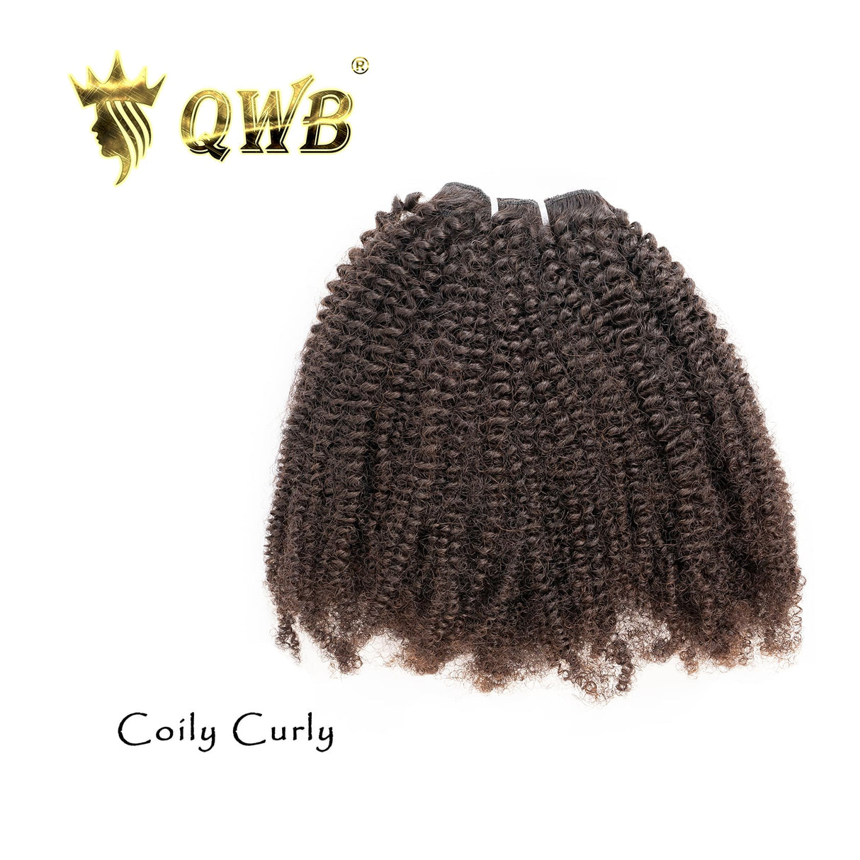 QWB Queen Weave Beauty - Main hero product shot featuring single piece of tightly coiled curl pattern with dense springy texture in natural deep black (#1b) color. . Premium cuticle intact 100% virgin Brazilian hair with minimum shedding and tangle-free performance, estimated 2-3 year lifespan displ
