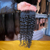 Deep Wave 5X5 HD Lace Closure Side Profile - Natural appearance and fit demonstration showing how deep wave texture blends seamlessly with all skin tones. Transparent HD lace disappears against skin while premium Brazilian virgin human hair provides comfortable wear suitable for professional daily u