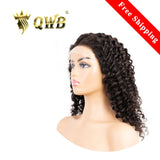 QWB Deep Wave 5X5 HD Lace Closure Wig - Main front view showing distinctive tight deep wave pattern in natural color #1B. Transparent 5x5 inch HD lace closure base reveals undetectable hairline with 0.6 inch pre-plucked natural baby hairs and free-part design for versatile styling. 200% density Braz