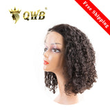 QWB Queen Weave Beauty - Main hero product shot featuring single piece of curly kinky texture with unique twisted coil pattern in natural deep black (#1b) color. 13x5 inch transparent lace frontal with deep part design and V-shaped ear tabs. Premium cuticle intact 100% virgin Brazilian hair with min