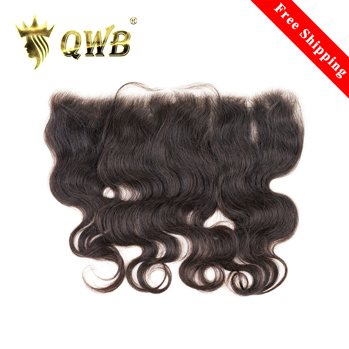 QWB Body Wave 13x4 HD Lace Frontal - Main front view showing smooth body wave texture in natural black (#1b) virgin hair. Transparent 13x4 inch HD lace frontal base reveals undetectable ear-to-ear coverage with pre-plucked natural hairline and baby hairs. Brazilian virgin human hair available in 12-