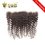 QWB Deep Wave 13x4 HD Lace Frontal - Main front view showing tight defined S-shaped deep wave curl pattern in natural black (#1b) Brazilian human hair. Transparent 13x4 inch HD lace frontal base reveals undetectable ear-to-ear coverage with pre-plucked natural hairline and baby hairs. 130% density v