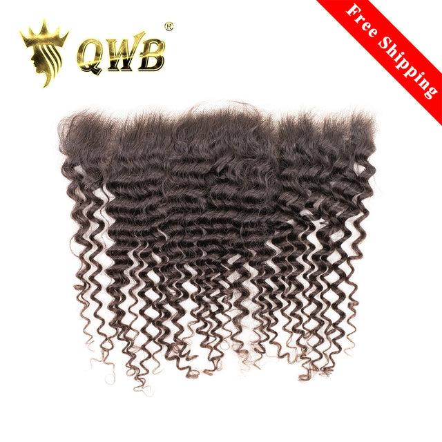 QWB Deep Wave 13x4 HD Lace Frontal - Main front view showing tight defined S-shaped deep wave curl pattern in natural black (#1b) Brazilian human hair. Transparent 13x4 inch HD lace frontal base reveals undetectable ear-to-ear coverage with pre-plucked natural hairline and baby hairs. 130% density v