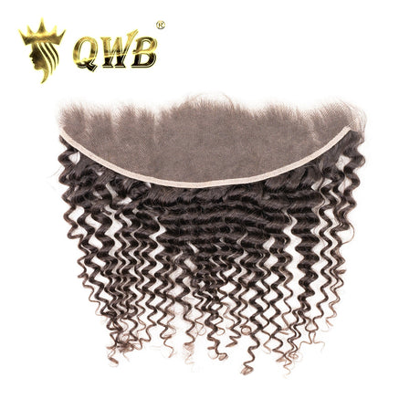 QWB Deep Wave HD Lace Frontal Net Construction Detail - Transparent Swiss lace material showing undetectable hairline and free-parted design with pre-plucked edges. Lightweight breathable 13x4 base suitable for extended wear comfort in all skin tones with invisible finish.