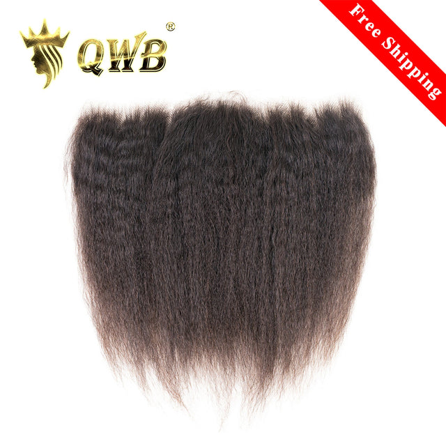 QWB Kinky Straight 13x4 HD Lace Frontal Brazilian Human Hair main front view showcasing premium virgin human hair in natural deep black (#1b) color with distinctive steam-processed kinky straight texture (fine small braided/coiled pattern from high temperature treatment). Transparent 13x4 inch HD la