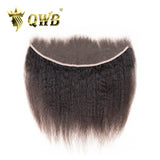 QWB Kinky Straight 13x4 HD Lace Frontal premium Brazilian virgin human hair showcasing smooth natural appearance achieved through cuticle intact construction without chemical processing damage. Natural #1b black color maintaining uniform shade throughout frontal area with consistent steam-processed 