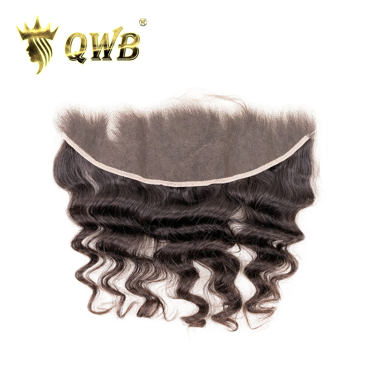 QWB Loose Wave HD Lace Frontal Net Construction Detail - Transparent Swiss lace material showing undetectable hairline and free-parted design with pre-plucked edges. Lightweight breathable base suitable for extended wear comfort in all skin tones with invisible finish.