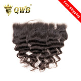 QWB Loose Wave 13x4 HD Lace Frontal - Main front view showing gentle S-shaped loose wave texture in natural color #1b. Transparent HD lace base reveals undetectable hairline with 0.6 inch pre-plucked natural baby hairs and free-part design for versatile styling. 130% density Brazilian virgin human h