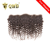 QWB Tight Curly 13x4 HD Lace Frontal - Main front view showing dense springy ringlets in deep black #1b color. Transparent HD lace base reveals undetectable hairline with 0.6 inch pre-plucked natural baby hairs. 130% density Brazilian virgin human hair, free-parted design for versatile styling.
