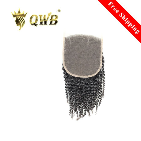 QWB Kinky Curly 5X5 Inch HD Lace Closure - Main front view showing tight S-shaped kinky curly curl pattern in natural black (#1b) Brazilian virgin human hair. Transparent 5x5 inch HD lace closure base reveals undetectable small coverage area with pre-plucked natural hairline and baby hairs. 130% den