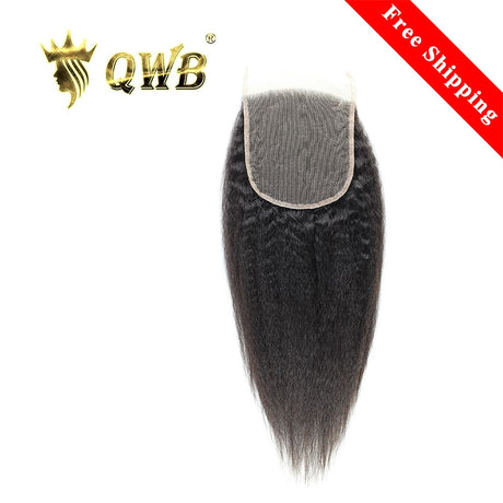 QWB Kinky Straight 5X5 HD Lace Closure Wig main view showcasing premium Brazilian virgin human hair in natural #1b black color with distinctive steam-processed kinky straight texture (fine small braided/coiled pattern from high temperature treatment). Transparent 5x5 inch HD lace closure base visibl