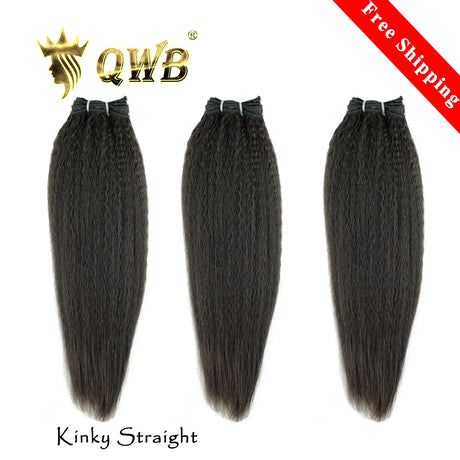 QWB Kinky Straight 3 Bundles Deal Brazilian Virgin Hair main front view showing three premium bundle units of 100% virgin human hair in natural deep black (#1b) color with distinctive steam-processed kinky straight texture (tight straightened pattern with subtle small braided/coiled effect from high