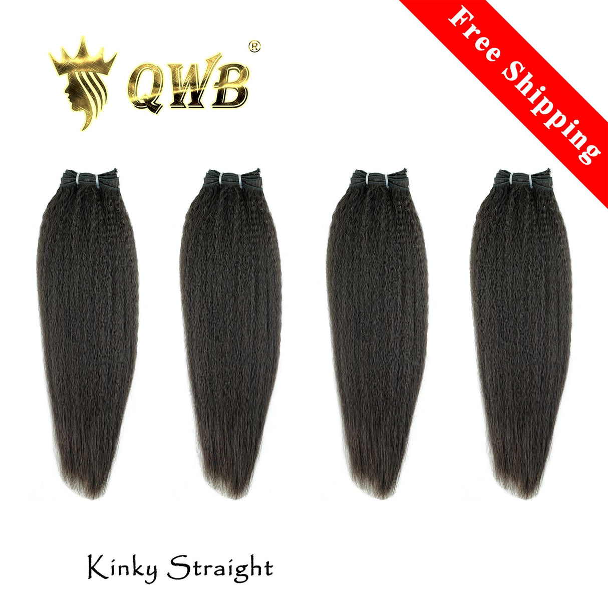 QWB Queen Weave Beauty - Main hero product shot featuring 4 bundles of coiled steam-processed kinky straight texture (NOT natural afro kinks) in natural deep black (#1b) color. . Premium cuticle intact 100% virgin Brazilian hair with minimum shedding and tangle-free performance, estimated 2-3 year l