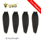 QWB Queen Weave Beauty - Main hero product shot featuring 4 bundles of coiled steam-processed kinky straight texture (NOT natural afro kinks) in natural deep black (#1b) color. . Premium cuticle intact 100% virgin Brazilian hair with minimum shedding and tangle-free performance, estimated 2-3 year l