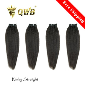 QWB Queen Weave Beauty - Main hero product shot featuring 4 bundles of coiled steam-processed kinky straight texture (NOT natural afro kinks) in natural deep black (#1b) color. . Premium cuticle intact 100% virgin Brazilian hair with minimum shedding and tangle-free performance, estimated 2-3 year l