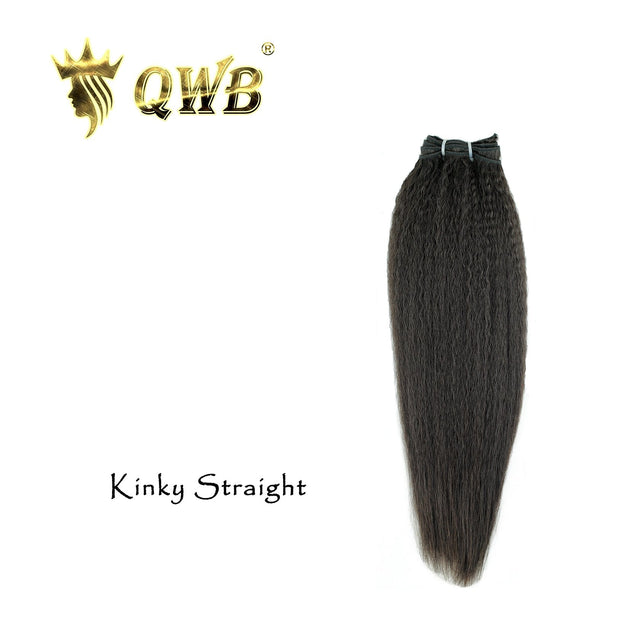 QWB Queen Weave Beauty - Main hero product shot featuring single piece of coiled steam-processed kinky straight texture (NOT natural afro kinks) in natural deep black (#1b) color. . Premium cuticle intact 100% virgin Brazilian hair with minimum shedding and tangle-free performance, estimated 2-3 yea