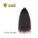 QWB Kinky Straight Tape In Hair Extension Brazilian Virgin Hair main view showing multiple weft strips of #1b black virgin hair with double-sided adhesive tape strips visible at top edge. Gold QWB crown logo displayed prominently on left side against light grey background. Steam-processed kinky stra