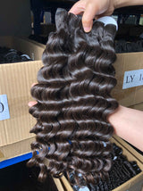 Loose Wave Bundles Side Profile View - Natural fit demonstration showing how the substantial weight of loose wave bundles lays naturally flat against body without stiffness. Gentle S-shaped waves cascade with natural movement while maintaining flowing wavy pattern characteristic of premium virgin hu