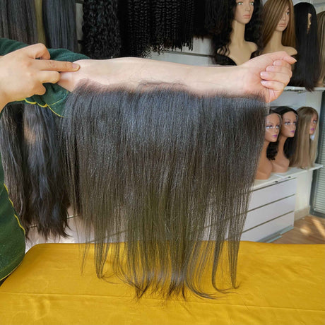 Light Yaki 13x4 HD Lace Frontal Side Profile - Natural appearance and fit demonstration showing how light yaki texture blends seamlessly with all skin tones. Transparent HD lace disappears against skin while premium Brazilian virgin human hair provides comfortable wear suitable for professional dail