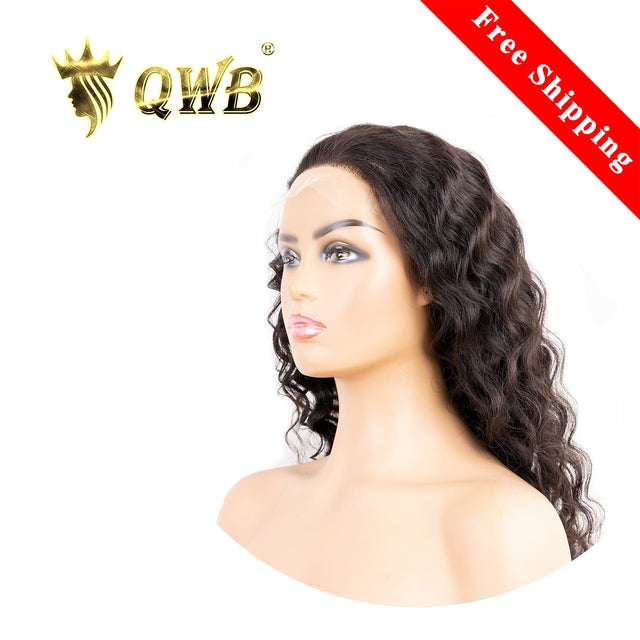QWB Loose Wave 5X5 HD Lace Closure Wig - Main front view showing gentle S-shaped loose wave texture in natural color #1B. Transparent 5x5 inch HD lace closure base reveals undetectable hairline with 0.6 inch pre-plucked natural baby hairs and free-part design for versatile styling. 200% density Braz