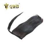 Straight Ponytail Side Profile View - Natural hang demonstration showing straight pin-strand Brazilian virgin hair cascading vertically without volume or curl at ends. Premium cuticle intact unprocessed virgin human hair demonstrates seamless blend with clients' own hair when attached at lengths 14-
