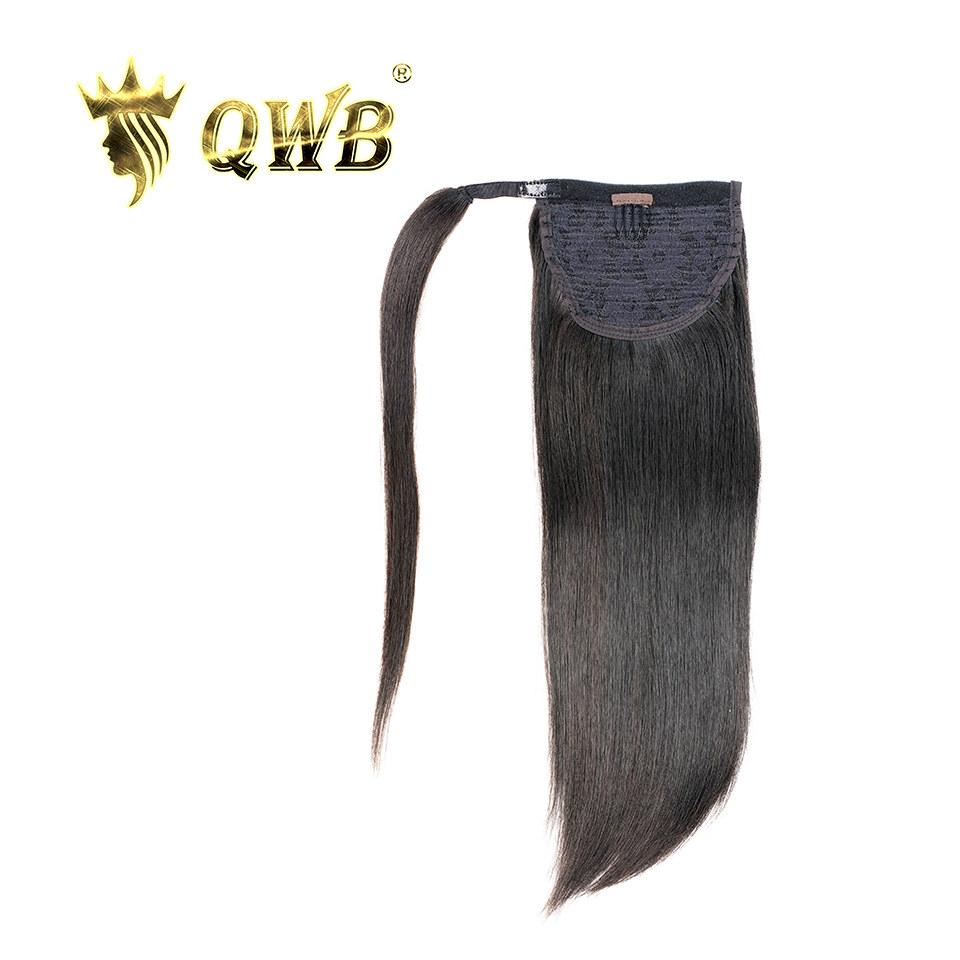 QWB Straight Virgin Hair Ponytail Texture Close-up - Macro shot highlighting completely pin-straight silky texture from root to tip of #1B natural black Brazilian virgin human hair. Lustrous shine confirming top grade quality with intact cuticle alignment minimizing tangle and shedding. Distinct fro
