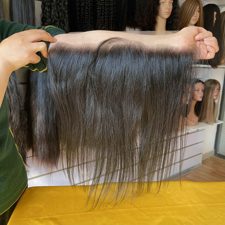 Straight 13x4 HD Lace Frontal Side Profile - Natural appearance and fit demonstration showing how straight texture maintains sleek appearance while transparent HD lace disappears against skin tone. 130% density provides full coverage with comfortable wear suitable for professional daily use.