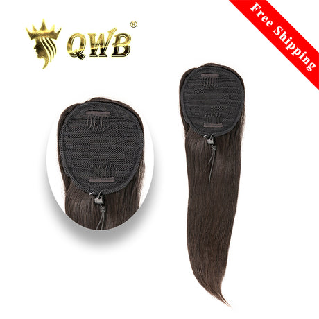 QWB Straight Wrap-Around Drawstring Ponytail Brazilian Virgin Hair - Main view showing sleek pin-straight textured ponytail in natural #1B black color. Wrap-around style with drawstring adjustable closure at top for secure easy attachment. Top grade 100% virgin human hair with completely flat silky 