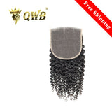 QWB Queen Weave Beauty - Main hero product shot featuring single piece of compact tight curly ringlet formation with defined spiral coils in natural deep black (#1b) color. 5x5 inch transparent Swiss HD lace closure with pre-plucked natural hairline and baby hairs for free-part styling. Premium cuti