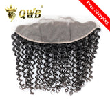 QWB Tight Curly 13x4 Inch Dark Brown Lace Frontal Brazilian Virgin Hair - Main view showing tight curly textured hair with uniform coiled ringlet curls in natural black (#1b). 13x4 inch transparent dark brown lace frontal piece extending ear to ear for full coverage area. Pre-plucked natural hairlin
