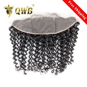 QWB Tight Curly 13x4 Inch Dark Brown Lace Frontal Brazilian Virgin Hair - Main view showing tight curly textured hair with uniform coiled ringlet curls in natural black (#1b). 13x4 inch transparent dark brown lace frontal piece extending ear to ear for full coverage area. Pre-plucked natural hairlin