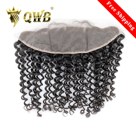 QWB Tight Curly 13x4 Inch Dark Brown Lace Frontal Brazilian Virgin Hair - Main view showing tight curly textured hair with uniform coiled ringlet curls in natural black (#1b). 13x4 inch transparent dark brown lace frontal piece extending ear to ear for full coverage area. Pre-plucked natural hairlin