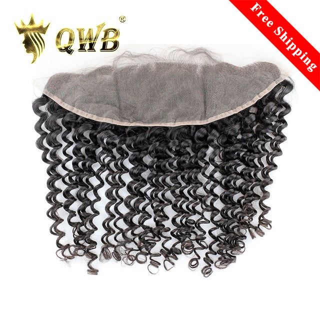 QWB Tight Curly 13x4 Inch Dark Brown Lace Frontal Brazilian Virgin Hair - Main view showing tight curly textured hair with uniform coiled ringlet curls in natural black (#1b). 13x4 inch transparent dark brown lace frontal piece extending ear to ear for full coverage area. Pre-plucked natural hairlin