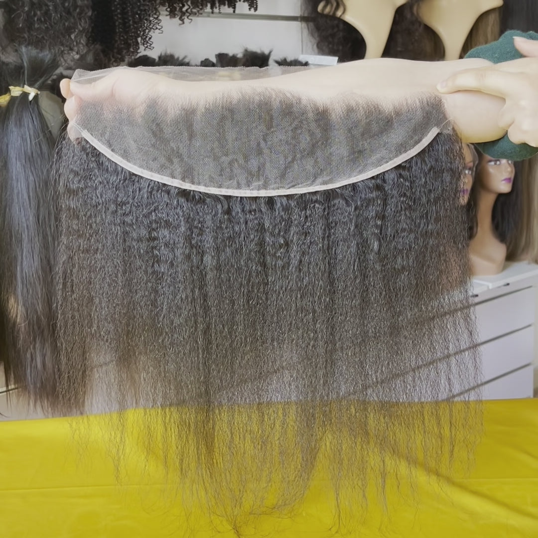 QWB Kinky Straight 13x4 HD Lace Frontal installation and styling tutorial video thumbnail depicting comprehensive application workflow enabling DIY salon-quality results at home using premium virgin human hair frontal extension system. Preview frame likely demonstrates step-by-step procedure: sectio