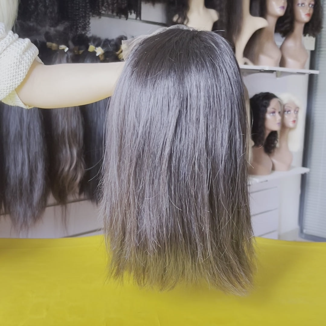 Brazilian Virgin Hair Straight Bob Installation View - 5X5 HD closure bob demonstrating secure fit with adjustable straps and front/back combs visible in detailed construction shot. Pre-plucked natural hairline creates realistic appearance without glue when properly installed for comfortable all-day