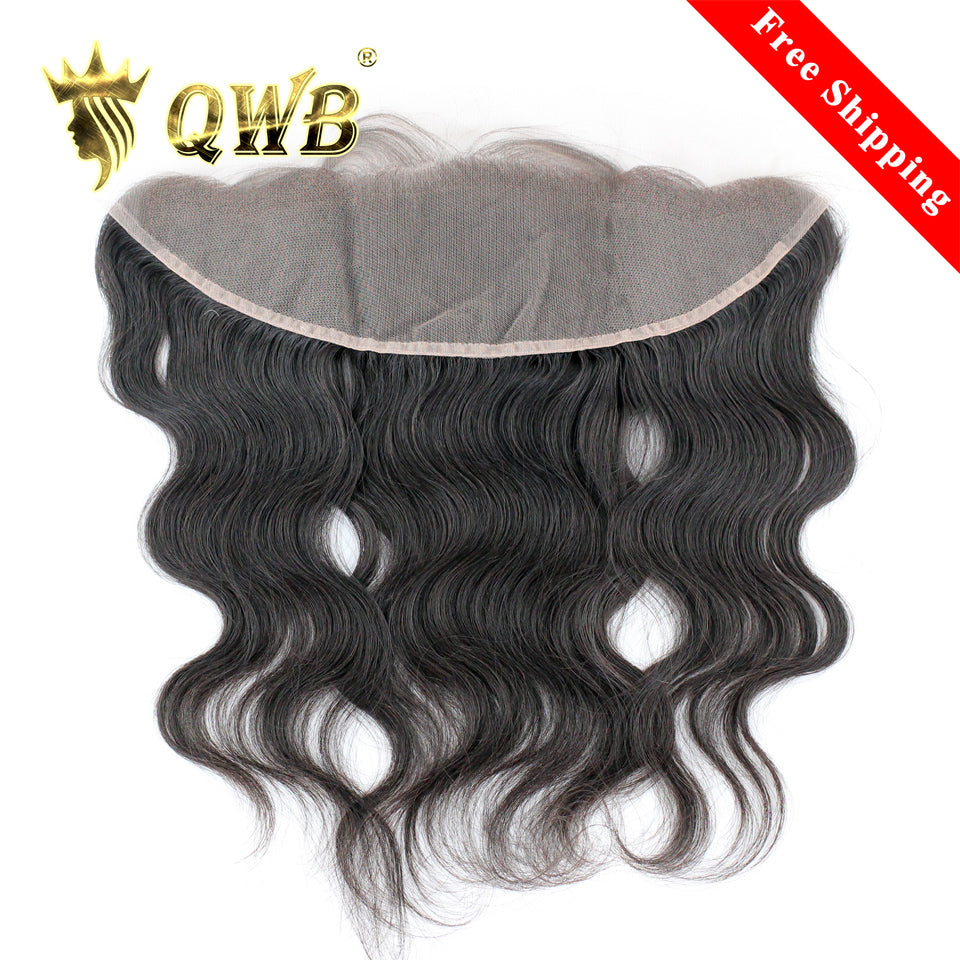 QWB Body Wave 13x4 Inch Dark Brown Lace Frontal Brazilian Virgin Hair - Main front view showing gentle S-shaped body wave textured hair in natural black (#1b). 13x4 inch transparent dark brown lace frontal piece extending ear to ear for full coverage area. Pre-plucked natural hairline with baby hair