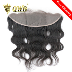 QWB Body Wave 13x4 Inch Dark Brown Lace Frontal Brazilian Virgin Hair - Main front view showing gentle S-shaped body wave textured hair in natural black (#1b). 13x4 inch transparent dark brown lace frontal piece extending ear to ear for full coverage area. Pre-plucked natural hairline with baby hair