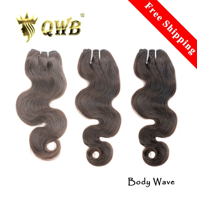 QWB Queen Weave Beauty - Main hero product shot featuring 3 bundles of premium virgin human hair in natural deep black (#1b) color. . Premium cuticle intact 100% virgin Brazilian hair with minimum shedding and tangle-free performance, estimated 2-3 year lifespan displayed vertically to showcase full
