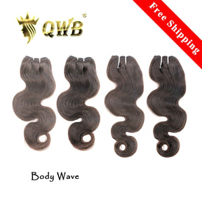QWB Queen Weave Beauty - Main hero product shot featuring 4 bundles of premium virgin human hair in natural deep black (#1b) color. . Premium cuticle intact 100% virgin Brazilian hair with minimum shedding and tangle-free performance, estimated 2-3 year lifespan displayed vertically to showcase full